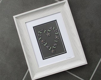 Pebble Art: Small Heart - Pale pink sea glass daisies in 11.25" x 13.25" on Gray in White Frame - sea glass art, engagement gift, unique