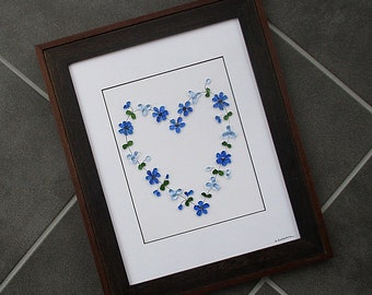 Sea Glass Art - Heart with Blue Daisies in 13.75"x 17" Two-Tone Black and Brown Frame - nature, beach, daisy lover, gift for flower lover