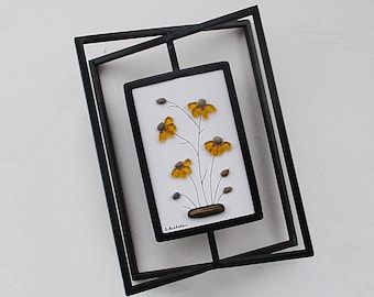 Sea Glass Art: Golden Yellow Sea Glass Daisies in a 6.5" by 9" 3-D Black Metal Table Frame - pebble art, gift, contemporary art, nature