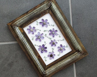 Sea Glass Art: Lavender Sea Glass Daisies in 8"x10" Distressed Dark Wood and Metal Frame- original wall art, nature art, daisy lover, unique