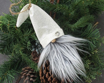 Swedish Gnome Ornament (LG)- Creamy White, Gray Ivy with Pewter Heart - Christmas Ornament, Package Tie-On, Swedish Tomte, Ornament Exchange