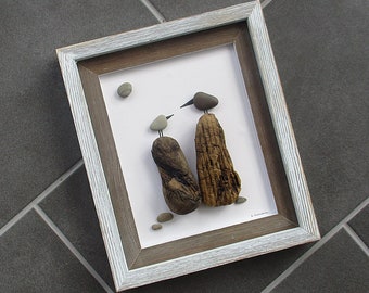 Pebble/Driftwood Art: 2 Large Birds on Posts in 11"x13" Double White and Brown Wood Frame, bird lover, beach art, lightly distressed