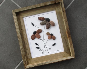 Pebble Art: Natural Color Daisies -11" x 13" Distressed Barnwood Wall Frame - driftwood art, beach lover gift, daisy lover, unique art