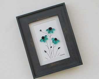 Pebble Art: Teal Sea Glass Daisies in 7.5"x9.5" Lightly Distressed Gray Frame, gift for nature lover, sea glass art, D. Dellatore Art