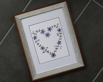 Sea Glass Art - Heart with Lavender Daisies in 13.75"x 17" Two-Tone Gray and Brown Frame - nature, beach, daisy flower lover gift (-1)