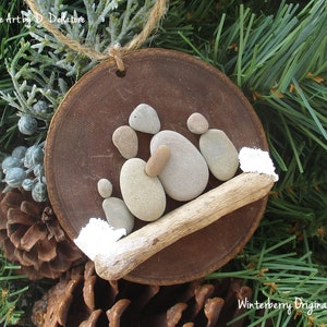 Pebble Art Ornament: Family of 4 Christmas Ornament, Tree Ornament, wood ornament, family gift, wood disc ornament, nature image 1