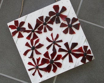 Sea Glass Art - Cranberry Daisies on a 10" x 10" Whitewashed Wood Plaque - Beach Art, Modern, Eclectic, Nature Lover, Rare Cranberry Glass