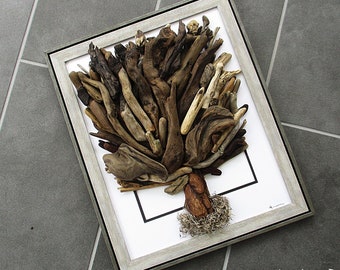 Driftwood Art: Tree of Life 18.75"x 22.75" Double Lt. and Dk. Gray Wall Frame - tree art, housewarming gift, nature art, beach art, unique