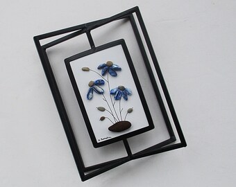 Pebble Art: Blue Mother of Pearl Daisies in a 6.5" by 9" 3-D Black Metal Table Frame - pebble art, gift, contemporary art, nature, gift