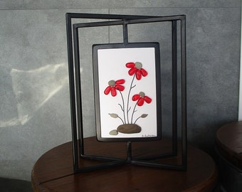 Sea Glass Art:  Red Sea Glass Daisies in a 6.5" by 9" 3-D Black Metal Table Frame - pebble art, nature art, contemporary art, flower lover