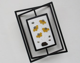 Sea Glass Art: Golden Yellow Sea Glass Daisies in a 6.5" by 9" 3-D Black Metal Table Frame - pebble art, gift, contemporary art, nature (-2)