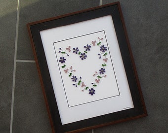 Sea Glass Art - Heart with Purple Daisies in 13.75"x 17" Two-Tone Black and Brown Frame - nature, beach, daisy lover, flower lover gift (-1)