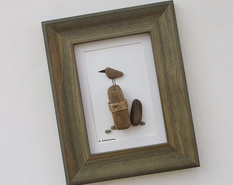 Driftwood Art: Driftwood Bird on Posts in 8" by 10" Soft Brown Wood Beveled Frame, beach art, nature, unique art, bird lover, pebble art