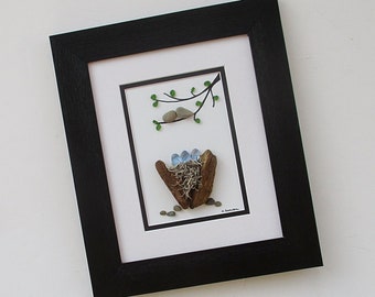 Pebble Art - Birds Watching Nest with Sea Glass Eggs in a 10.75"x12.75" Black Frame - nature pebble art, bird lover, gift, D. Dellatore Art