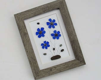 Pebble Art: Royal Blue Sea Glass Daisies in 6.5"x8.5" Gray Frame, gift for nature lover, sea glass art, D. Dellatore Art