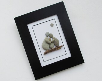 Pebble Art: Family of 3 - 7.5" by 9.5" Black Frame - original wall art, family of three, beach pebble art, can be personalized