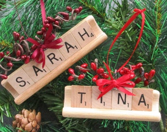 Personalized Scrabble Ornament with Tile Tray - Stocking Stuffer - Co-Worker Gift -Package Tie-On, Your Choice of Berry and Ribbon Color