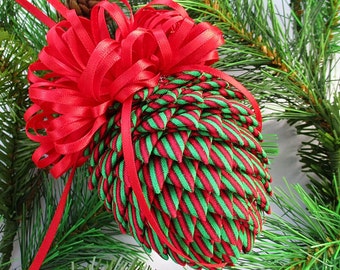 Fabric Pinecone Christmas Ornament - Red and Green Stripes - Stocking Stuffer, Co-Worker Gift, Ornament Exchange Gift