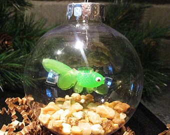 Fish Bowl Ornament - Green Fish w/Lt. Brown Stones - Christmas Ornament, Co-Worker Gift, Ornament Exchange Gift