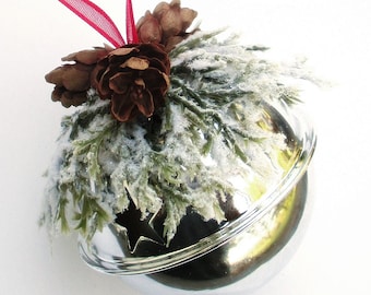 Silver Jingle Bell Ornament with Greens and Pinecones - Christmas Ornament, Co-Worker Gift, Ornament Exchange Gift