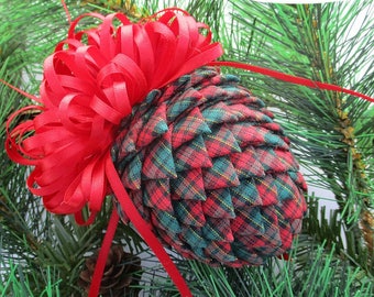 Fabric Pinecone Ornament - Red and Green Tartan Plaid - Stocking Stuffer, Christmas Ornament, Co-Worker Gift, Ornament Exchange Gift