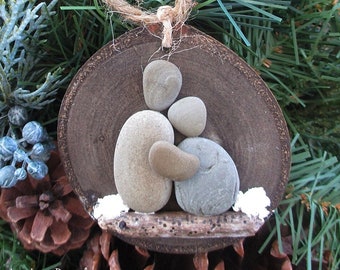 Pebble Art Ornament: Couple - Christmas Ornament, Tree Ornament, wood ornament, family gift, wood disc ornament, nature