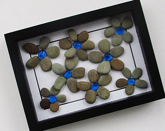 Sea Glass Art: Pebble Daisies with Bright Blue Sea Glass Centers in 7.5 x 5.5" Black Shadow Box, housewarming gift, beach art, flower art