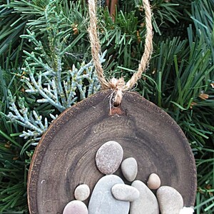 Pebble Art Ornament: Family of 4 Christmas Ornament, Tree Ornament, wood ornament, family gift, wood disc ornament, nature image 5