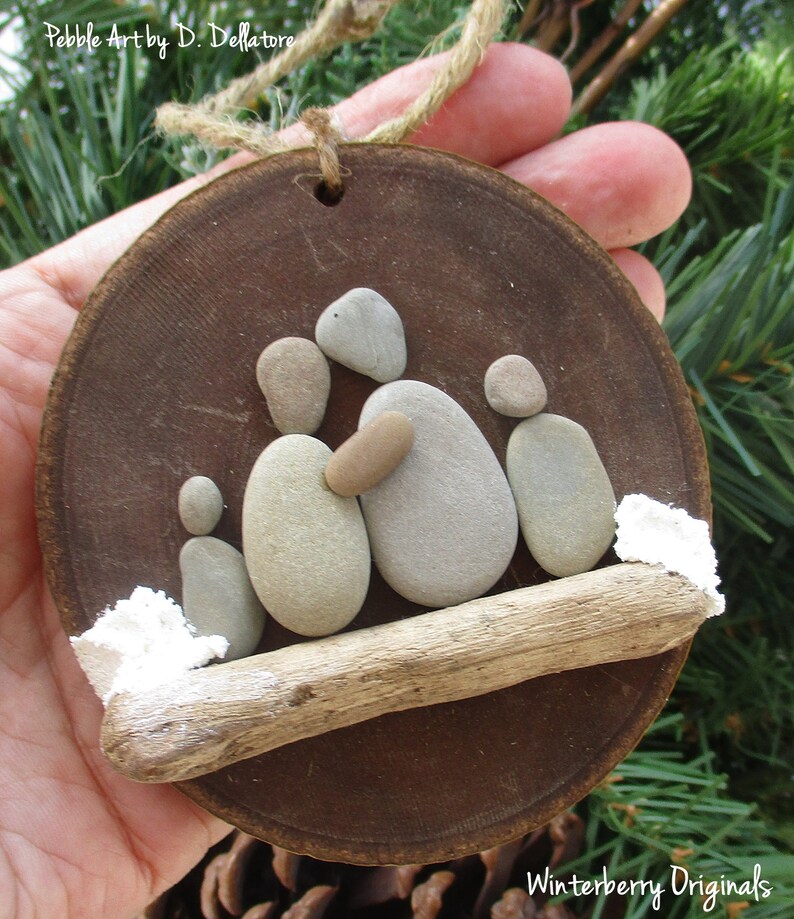 Pebble Art Ornament: Family of 4 Christmas Ornament, Tree Ornament, wood ornament, family gift, wood disc ornament, nature image 3