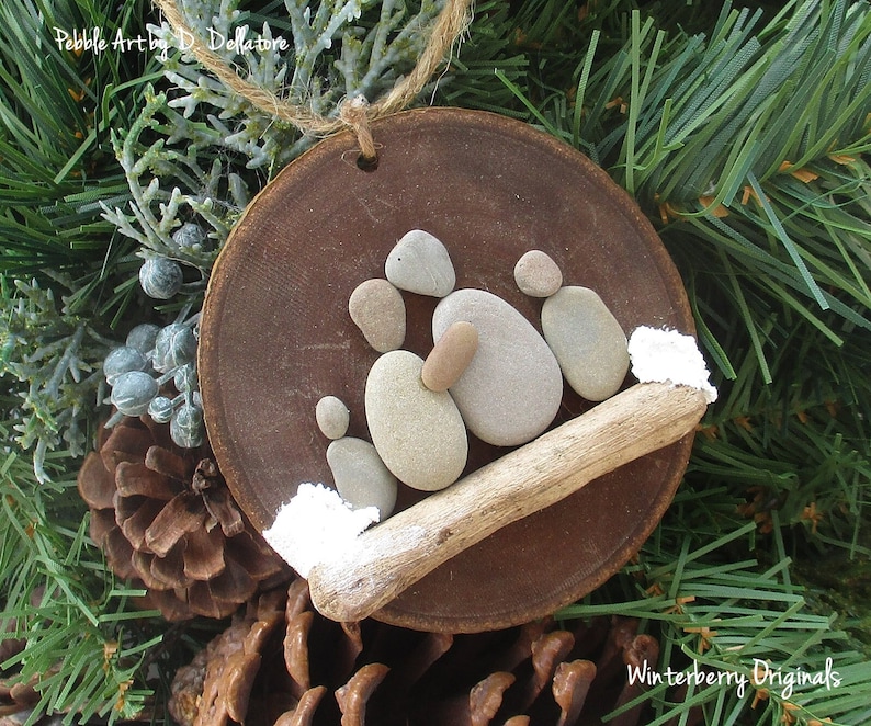 Pebble Art Ornament: Family of 4 Christmas Ornament, Tree Ornament, wood ornament, family gift, wood disc ornament, nature image 1