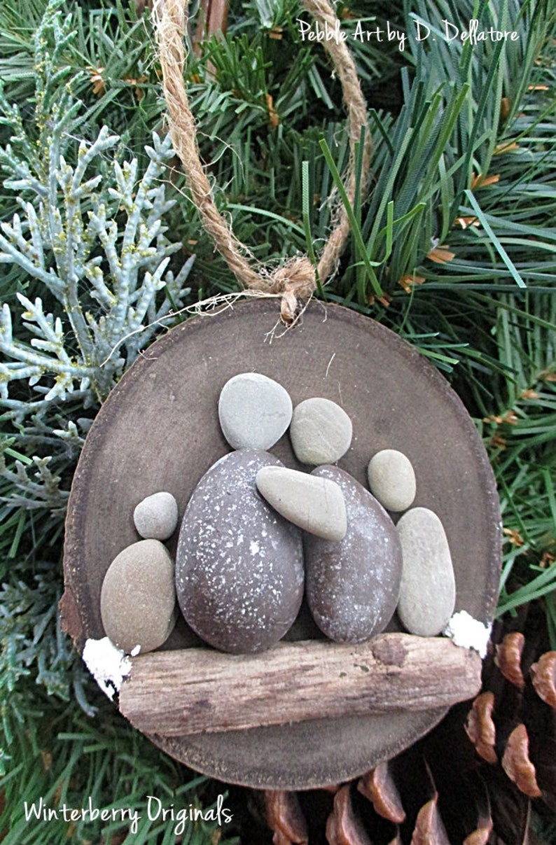 Pebble Art Ornament: Family of 4 Christmas Ornament, Tree Ornament, wood ornament, family gift, wood disc ornament, nature image 7