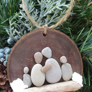 Pebble Art Ornament: Family of 4 Christmas Ornament, Tree Ornament, wood ornament, family gift, wood disc ornament, nature image 2