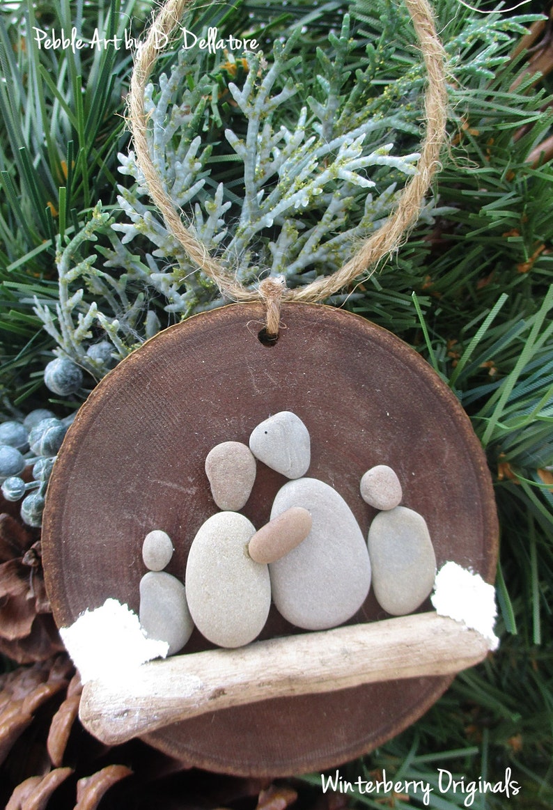 Pebble Art Ornament: Family of 4 Christmas Ornament, Tree Ornament, wood ornament, family gift, wood disc ornament, nature image 2