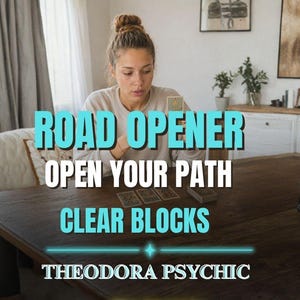 Puede incluir: Un conjunto de cartas de tarot dispuestas sobre una mesa de madera oscura con el texto ROAD OPENER, OPEN YOUR PATH, CLEAR BLOCKS y THEODORA PSYCHIC superpuesto en letras blancas y cian en el centro de la imagen.