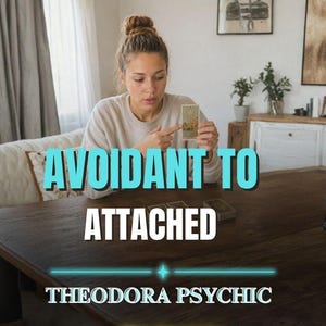 May include: A rectangular tarot card featuring a detailed illustration of a landscape with trees and a path, held up by a person. The image includes the text AVOIDANT TO ATTACHED and THEODORA PSYCHIC in bold, clear lettering over the scene.