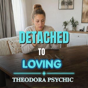 May include: A set of tarot cards laid out on a dark wooden table. The text DETACHED TO LOVING is displayed in large blue letters, with THEODORA PSYCHIC written in smaller white letters below. A person is holding a card while sitting at the table.