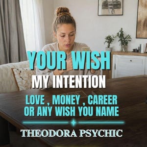 May include: A psychic reading service advertisement featuring the text: YOUR WISH MY INTENTION LOVE, MONEY, CAREER OR ANY WISH YOU NAME THEODORA PSYCHIC. The image displays a person sitting at a wooden table with tarot cards.