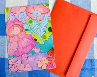 Lámina artística "Niña de las flores" – Ilustración original en acuarela y pastel (A6)