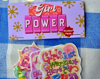 Pegatinas holográficas de los 90 con temática de empoderamiento femenino: calcomanías de vinilo feministas y retro.