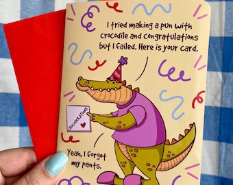 Tarjeta de cumpleaños de cocodrilo – Ilustración original del personaje / Divertida tarjeta de felicitación en blanco tamaño A6