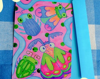 Lámina artística de insectos caprichosos – Ilustración original de personajes en acuarela y pastel (A6)