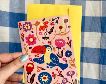 Tarjeta de felicitación A6 con diseño de ave tucán – Ilustración original, tarjeta en blanco