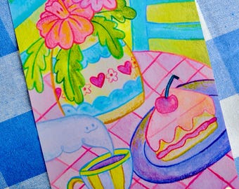 Lámina decorativa con escena de mesa caprichosa – Ilustración en acuarela y pastel, tamaño A5.