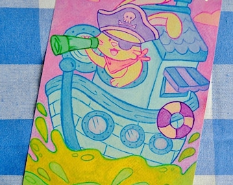 Lámina artística de Conejo Pirata – Ilustración original en acuarela y pastel (A5)