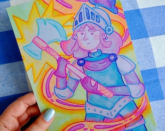 Lámina artística de guerrero fantástico – Ilustración original de personaje en acuarela y pastel, tamaño A5