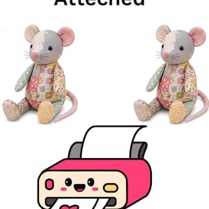 Two stuffed patchwork rats positioned above a cartoon printer graphic with text at the top.