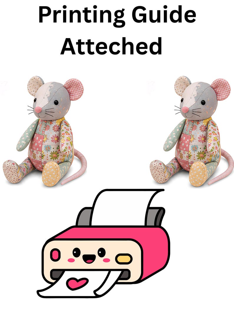 Two stuffed patchwork rats positioned above a cartoon printer graphic with text at the top.