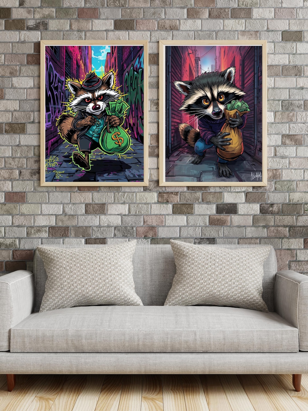 Funny Raccoon Graffiti Wall Art Set of 2 | Urban Animal Printable Deco ...