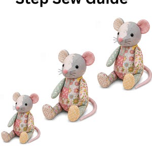 Three different sizes of patchwork memory rat plush toys displayed in a row with text at the top and bottom.
