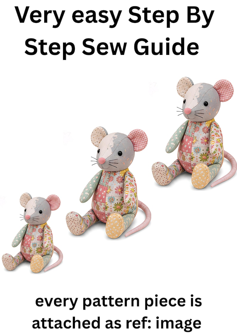 Three different sizes of patchwork memory rat plush toys displayed in a row with text at the top and bottom.